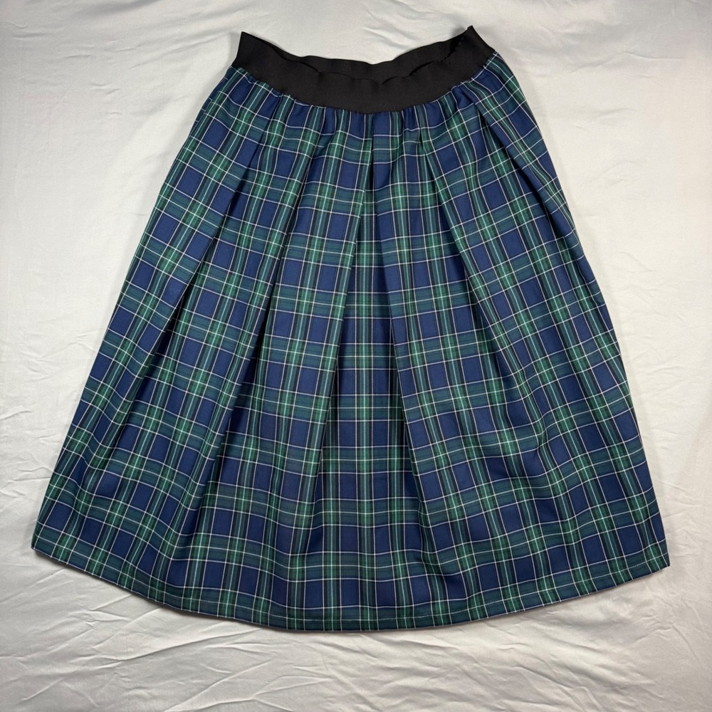 Joan Rivers Plaid Pull On Midi Skirt S Green Blue Pleated Academia Preppy